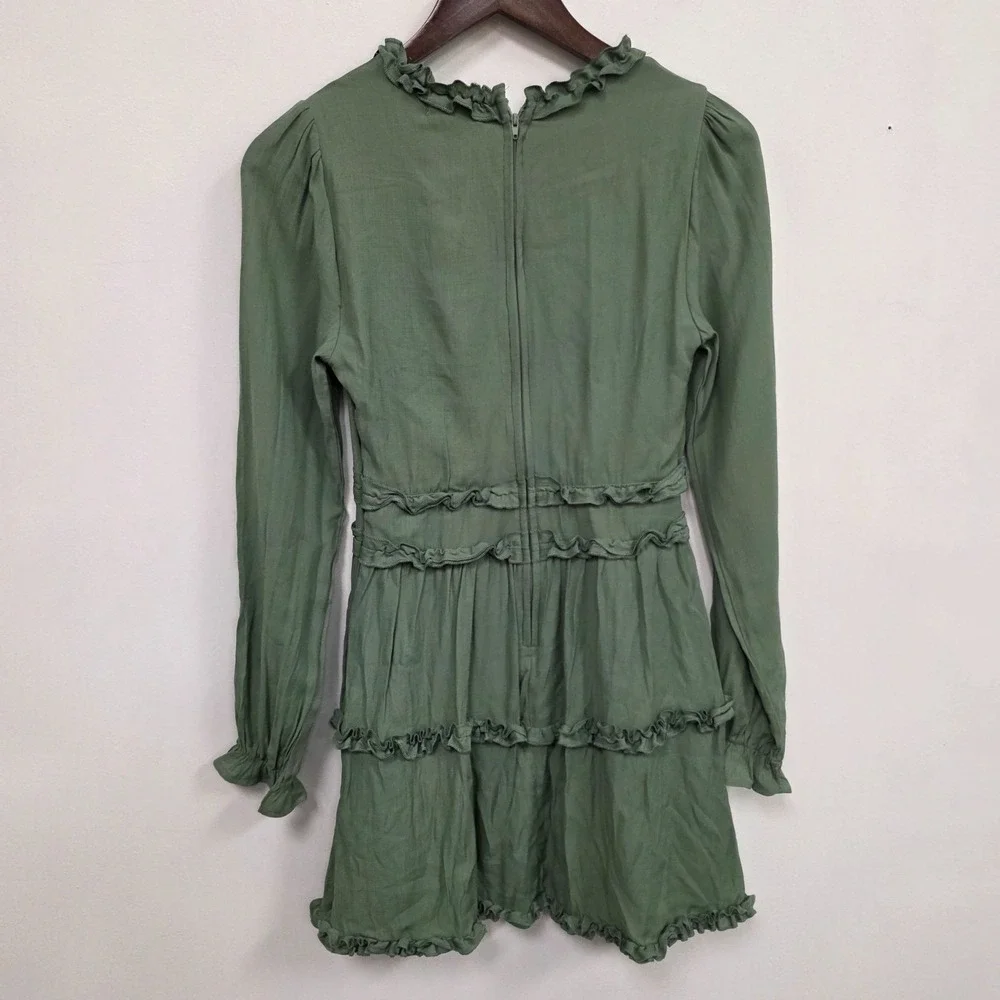 Green Ruffle Babydoll Dress Size S Forest Fairy Whimsical Bohemian Long Sleeve